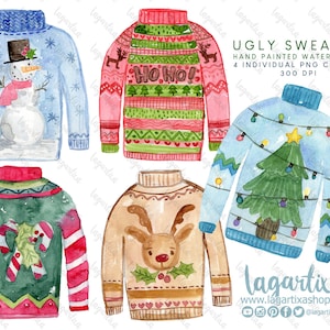 Brutto maglione di Natale Acquerello Clipart PNG per sublimazione Disegni fatti a mano per carte inviti decorazioni Posadas Umoristico