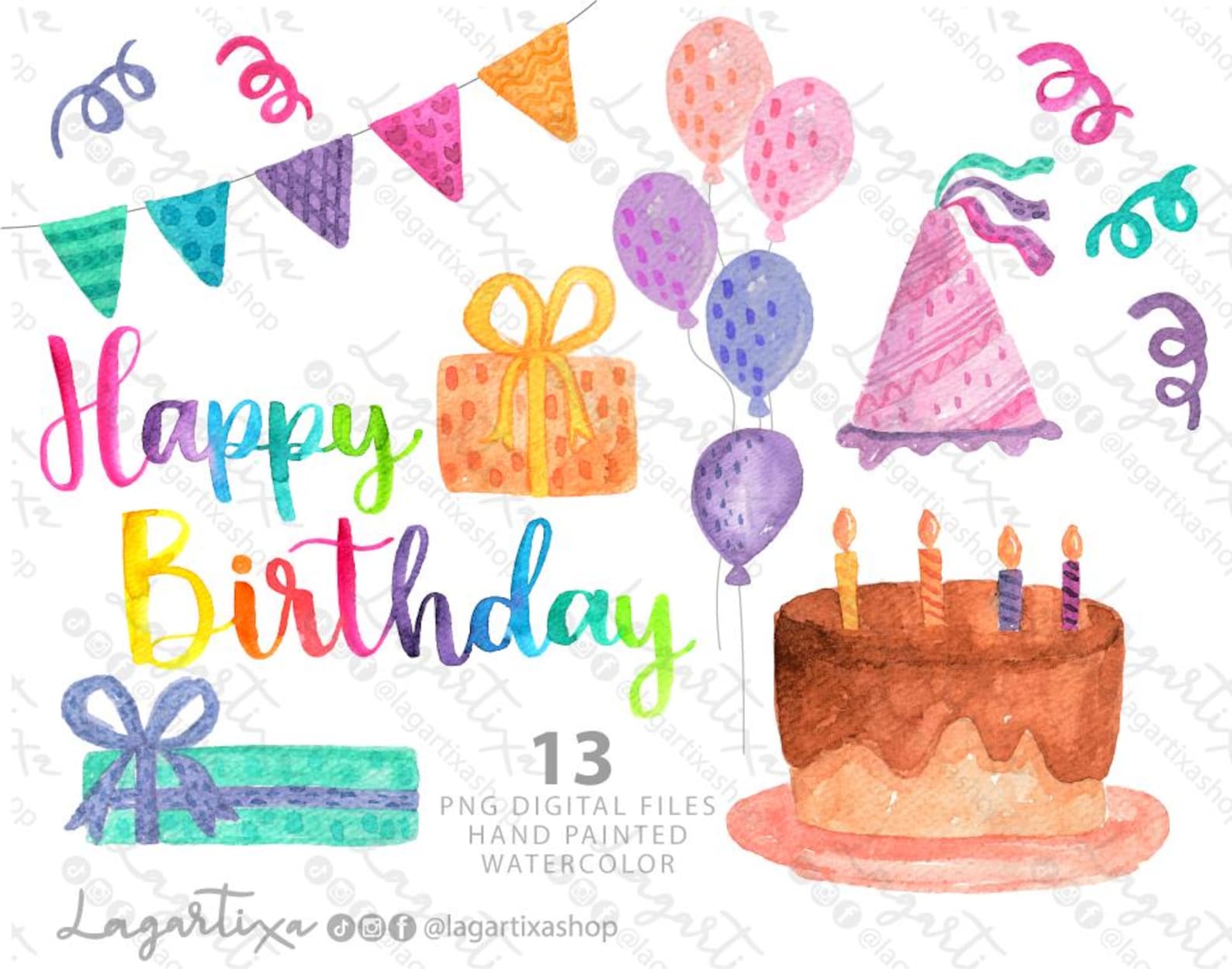 Happy Birthday Watercolor PNG Clipart Overlays | Cake | Gifts Present ...