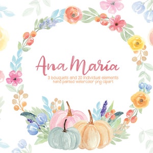 Pumpkins Roses Flowers Pink Yellow Romantic Floral Watercolor clipart, PNG, arrangement, hand painted Design Floral Wreaths Individual files