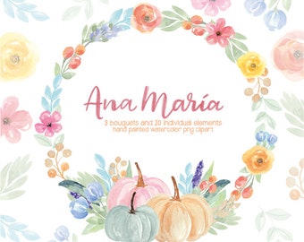 Pumpkins Roses Flowers Pink Yellow Romantic Floral Watercolor clipart, PNG, arrangement, hand painted Design Floral Wreaths Individual files