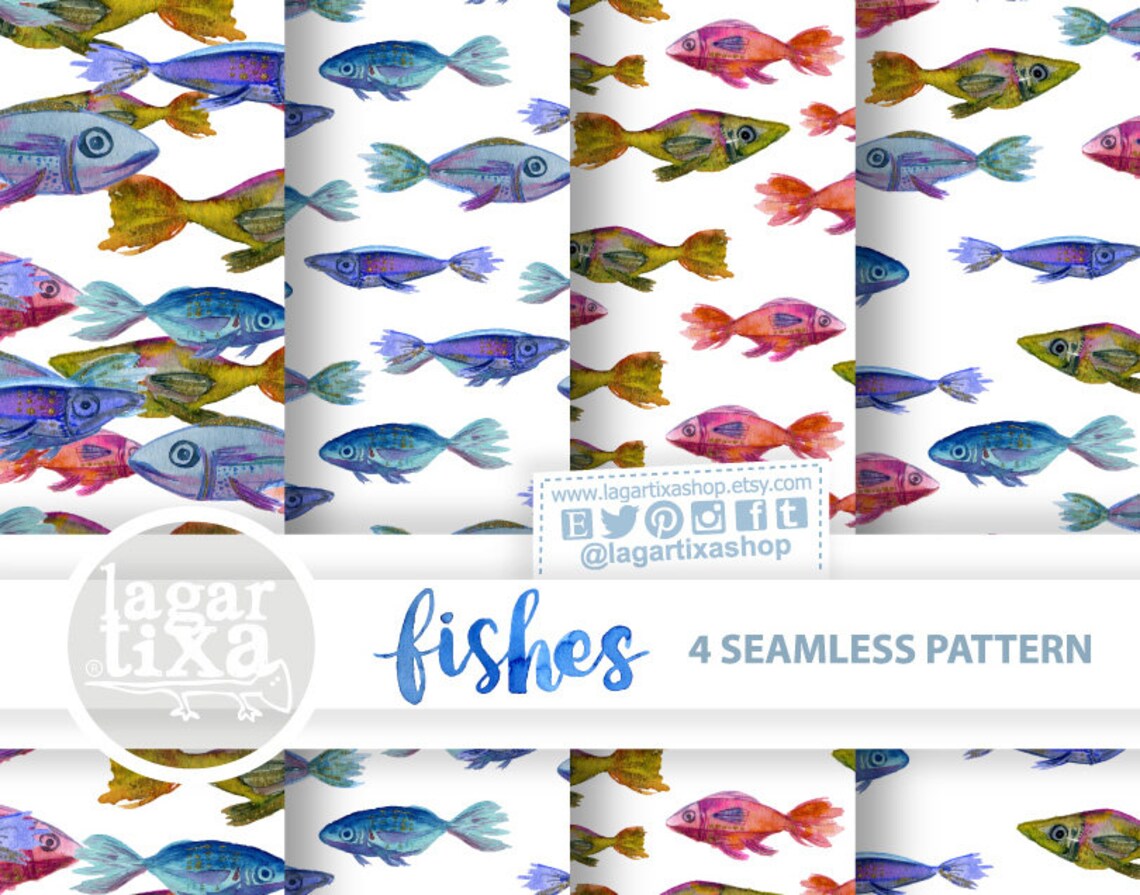 Watercolor Fishes Clipart Gold PNG Seamless Patterns Png | Etsy