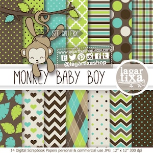 Monkey Digital Paper and Clipart for create Party Printables Birthday Party, baby Shower, Invitations, labels, party box favors centerpiece