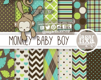 Monkey Digital Paper and Clipart for create Party Printables Birthday Party, baby Shower, Invitations, labels, party box favors centerpiece