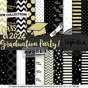Abschlussfeier Klasse 2024, digitales Papierdesign, schwarz-goldener Glitzerhut, Diplom, Glitzer, Streifen, Tupfen, Chevron, Sterne, Konfetti