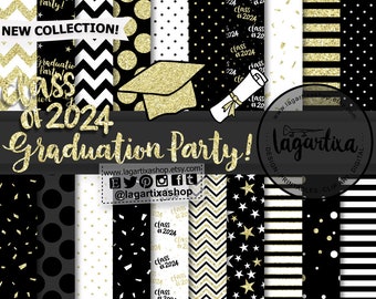 Graduation Party Class of 2024 Digital Paper Design Black Gold Glitter Hat Diploma sparkle, stripes, polka dots, chevron, stars, confetti