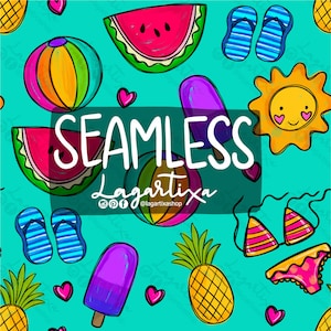 Puede incluir: Un patrón sin costuras que presenta una variedad de ilustraciones de temática veraniega, incluyendo rodajas de sandía, pelotas de playa, paletas de hielo, chanclas, piñas, corazones y un sol con cara sonriente. El texto "SEAMLESS Lagartixa @lagartixashop" también está incluido en el patrón.