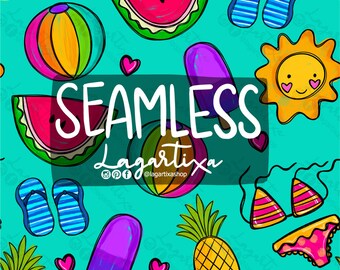 Summer Hand Drawn Seamless Sun, Beach, Ball, Pineapple, Watermelon, Flip Flops Pattern Doodles for print sublimation fabric repeat Pattern