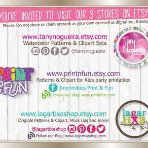 May include: A graphic image with text that says "You're invited to visit our 3 stores on Etsy!" and includes the website addresses for three Etsy shops: "www.tanynogueira.etsy.com", "www.printnfun.etsy.com", and "www.lagartixashop.etsy.com". Each shop has a logo and social media icons.