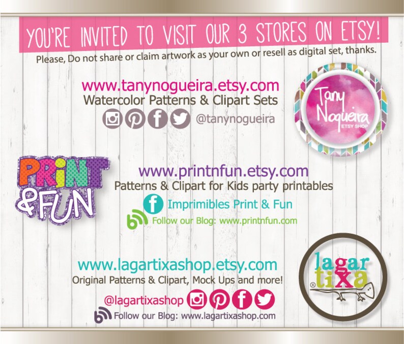 May include: A graphic image with text that says "You're invited to visit our 3 stores on Etsy!" and includes the website addresses for three Etsy shops: "www.tanynogueira.etsy.com", "www.printnfun.etsy.com", and "www.lagartixashop.etsy.com". Each shop has a logo and social media icons.
