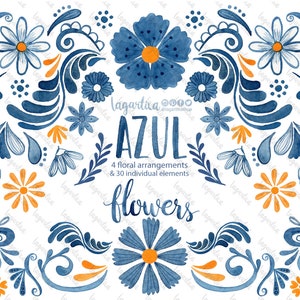 Hand Painted Blue Watercolor Floral clipart, PNG, Patio party, flowers, folk clip art, hand painted, cinco de mayo, cobalt, Handmade crafts