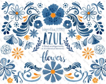 Hand Painted Blue Watercolor Floral clipart, PNG, Patio party, flowers, folk clip art, hand painted, cinco de mayo, cobalt, Handmade crafts