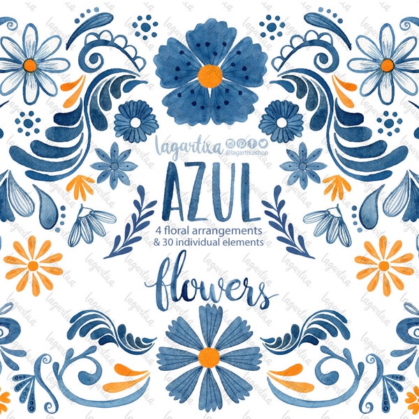 Flores Azul Cobalto, Folklórico, Artesanías, típico, Clip art Acuarela clipart, PNG, flores para fiesta, Decoracion Patio, 5 de Mayo Rustico