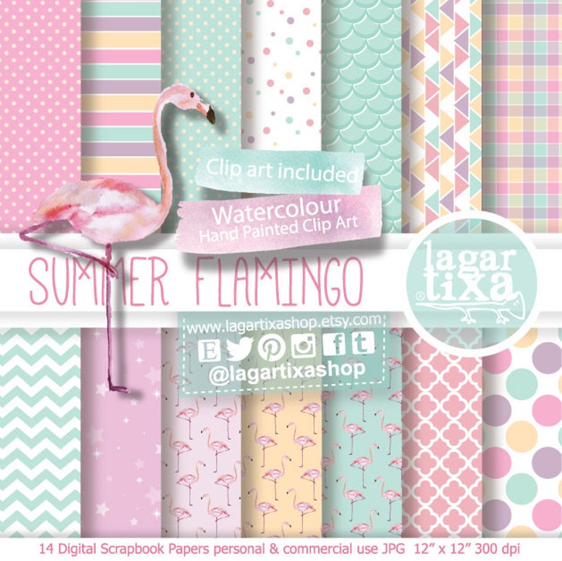 Pink flamingo Digital Paper watercolour Pale Pink turquoise clip art Polka Dots Chevron invitations baby shower scrapbooking pool party 