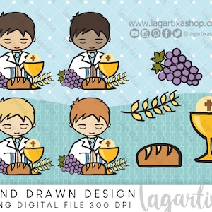 Puede incluir: Conjunto de ocho ilustraciones digitales dibujadas a mano de un niño con una túnica blanca, un cáliz, pan, uvas y trigo. Las ilustraciones son de estilo de dibujos animados y son perfectas para proyectos religiosos o espirituales.