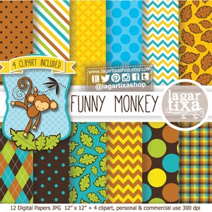 Monkey Digital Paper and Clipart for create Party Printables Birthday Party, baby Shower, Invitations, labels, party box favors centerpiece