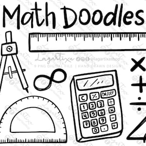 Può includere: Illustrazioni in bianco e nero di linee d'arte di strumenti e simboli matematici. Le illustrazioni includono un compasso, un goniometro, un righello, un simbolo di infinito, una calcolatrice, un segno più, un segno meno, un segno di moltiplicazione, un segno di divisione e un triangolo rettangolo.