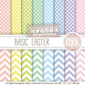 Puede incluir: Un conjunto de 16 papeles digitales para scrapbooking con patrones de lunares y chevron en colores pastel. Los papeles miden 30,5 cm x 30,5 cm y 300 dpi. El texto "BASIC EASTER" está en la parte superior de la imagen.