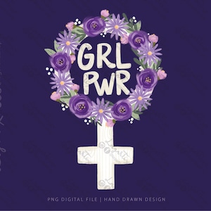 Vrouwelijk kruissymbool met paarse bloemen Girl Power March International Women's Day, om te sublimeren, DTF op t-shirts, mokken, handtekening