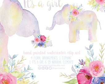 Kwiaty słonia w akwareli, PNG clipart, ręcznie malowane, Ikiebana kwiatowa, Baby Shower, na zaproszenia, zdjęcie dziecka, karty, blog