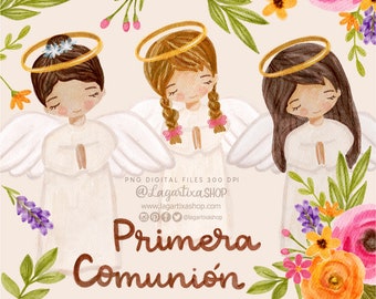 First communion Angels Floral Watercolor christening Pink Digital Files clip art girls praying For Invitations cardmaking labels decorations