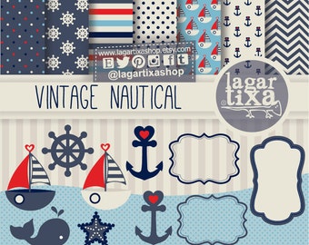 Vintage Nautical Patterns Digital Paper Anchor Marine navy Beige Blue Red Boat Ahoy! Baby Shower Sailor Sailboat frames whale paper goods