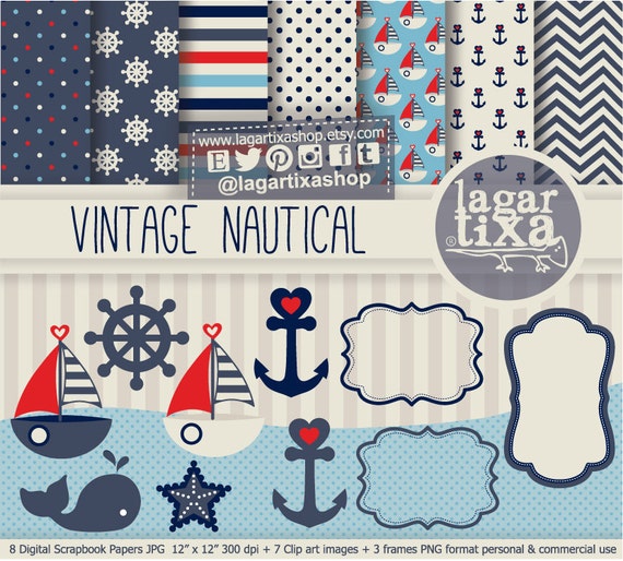 Vintage Nautico Fondos Digitales Papel Digital Ballena Barquitos Ancla Timón Marcos para Invitaciones Etiquetas Imprimibles Baby Shower