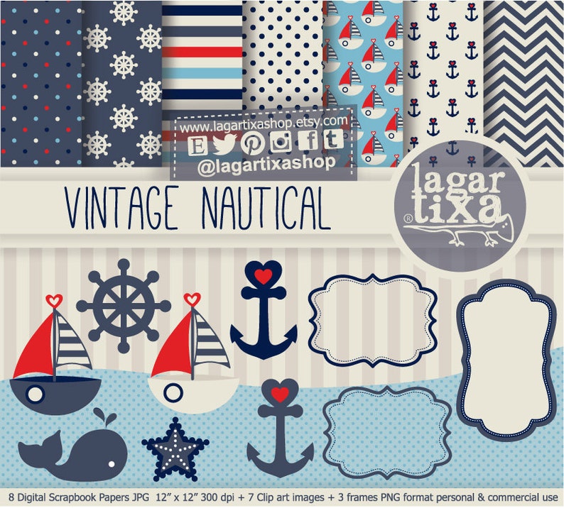 Puede incluir: Papeles digitales vintage de scrapbooking e im&aacute;genes de clip art n&aacute;uticas en rojo, blanco y azul. El conjunto incluye 8 papeles digitales, 7 im&aacute;genes de clip art y 3 marcos. Los papeles presentan lunares, rayas, anclas y veleros. Las im&aacute;genes de clip art incluyen anclas, veleros, una ballena, una estrella de mar y un tim&oacute;n de barco. Los marcos son de rayas azul marino y blancas.