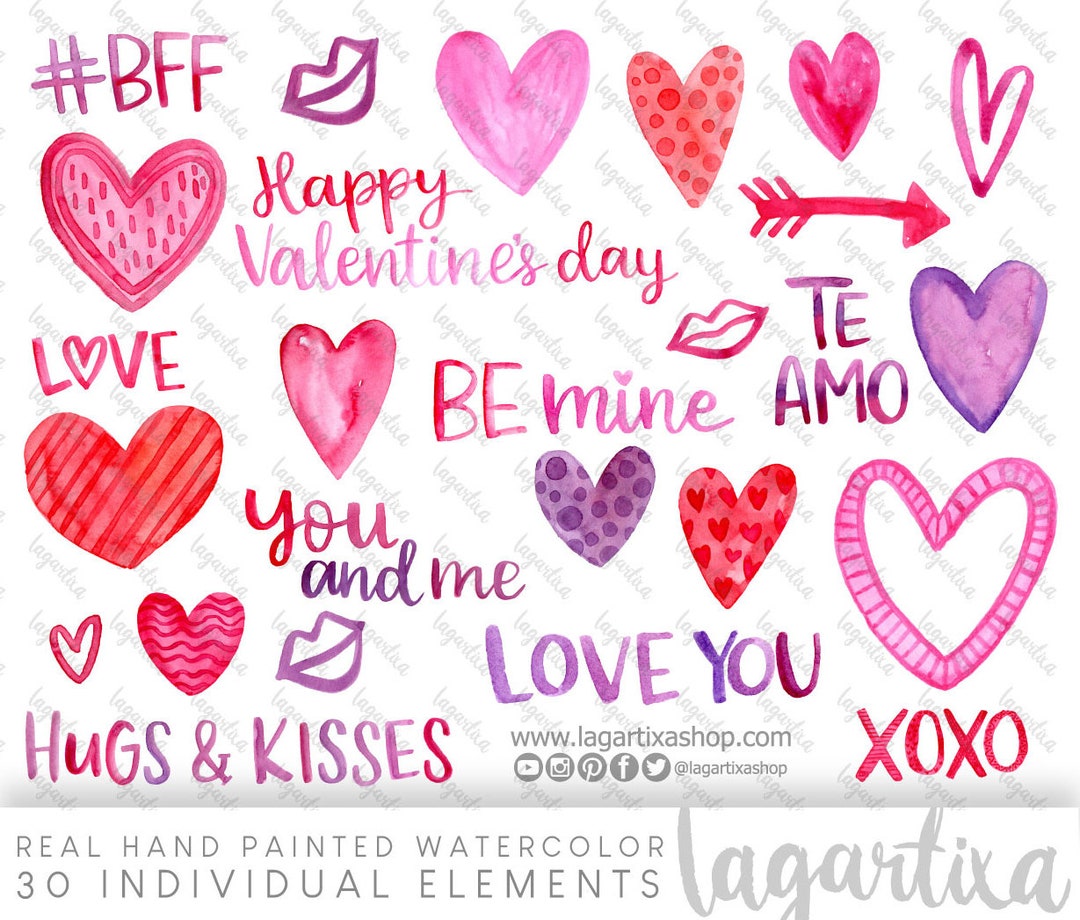 St Valentine's Day Watercolor Elements Pink Red Purple Hearts Clipart ...