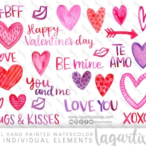 Corazones en acuarela, pintados a mano, para decorar agendas, tarjetas de San Valentín, etiquetas personalizadas, frases de amor, enamorados