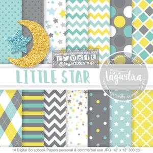 Digitale papierachtergronden Sterren, Blauw, Geel, Lijnen, Turkoois, glitter Gouden Ster Glitter, Groenblauw, I Love You To the Moon Clipart