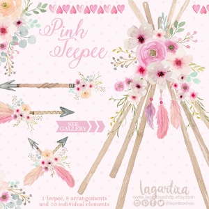 Boho Teepee, Tipi and floral Watercolor Floral Event clipart, PNG, Glamping Birthday, Sleepover Theme, Camping Slumber Glam Camping Party image 1