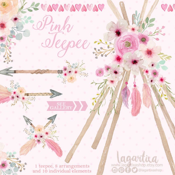 Boho Teepee, Tipi and floral Watercolor Floral Event clipart, PNG, Glamping Birthday, Sleepover Theme, Camping Slumber Glam Camping Party