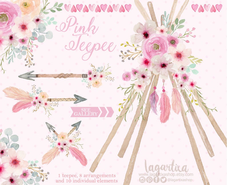 Boho Teepee, Tipi and floral Watercolor Floral Event clipart, PNG, Glamping Birthday, Sleepover Theme, Camping Slumber Glam Camping Party image 1