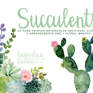 May include: A set of 20 hand-painted watercolor succulent clipart images. The set includes 5 arrangements and 1 floral wreath. The succulents are in shades of green, pink, and purple.