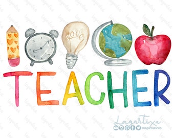 Teacher Sublimation Design watercolor modern Lettering gifts PNG Digital Files Instant Download Back To School decorations hand painted art