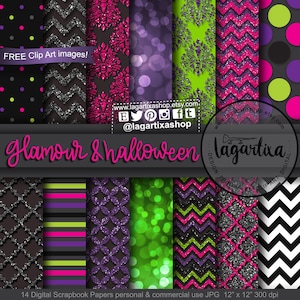 May include: A set of 14 digital scrapbook papers featuring a variety of patterns, including polka dots, stripes, chevron, and damask. The papers are in a black, green, pink, and purple color scheme with a glittery effect. The papers are 12 inches by 12 inches and 300 dpi.