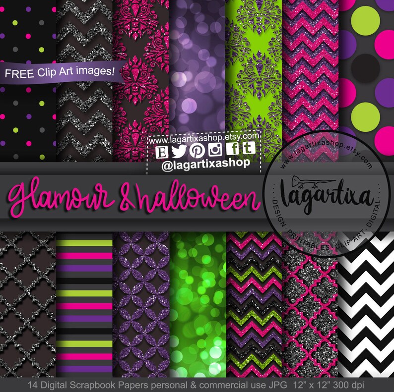 May include: A set of 14 digital scrapbook papers featuring a variety of patterns, including polka dots, stripes, chevron, and damask. The papers are in a black, green, pink, and purple color scheme with a glittery effect. The papers are 12 inches by 12 inches and 300 dpi.