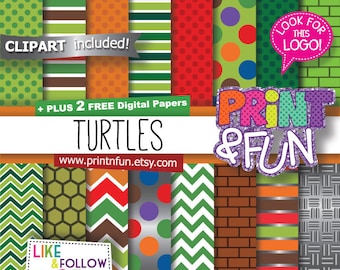 Turtles, Green, Red, Brick Wall, Silver Metal effect, Digital Paper Patterns Backgrounds Scrapbooking for Invitations Labels, Tags, Parties