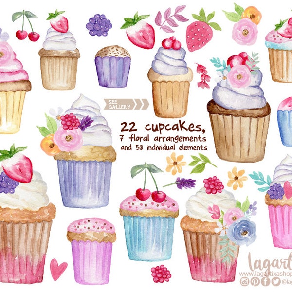 Cupcakes florals Muffins hand painted watercolor clipart PNG fruits bakery, dessert, for menu design, blog, cards, cakes, strawberry, cherry