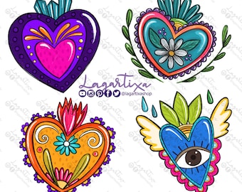 May include: Four colorful heart-shaped illustrations with intricate designs. Each heart features a different color scheme and decorative elements, including flowers, swirls, and eyes. The hearts are drawn in a cartoon style with a textured background.