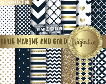 Navy and Gold Digital Papel Marine Background Nautical Blue marine polka chevron stars invitations blog stripes vintage patterns