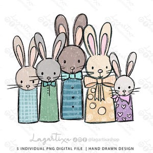 Osterhasen Familie Clip Art PNG Handgezeichneter Kreideeffekt Kreide Pastellfarben süße Häschen, um Frühlingsgeschenke zu sublimieren