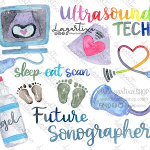Técnico Ultrasonido Ecografista | Imagenes Digitales Clipart Acuarela pintado a mano para Sublimar | Gel, huellitas pies de Bebé, lettering