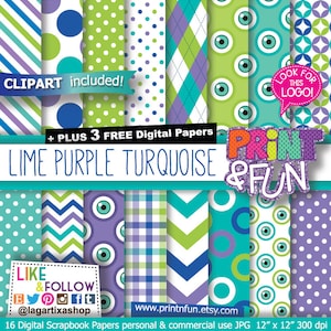 May include: A set of 16 digital scrapbook papers in lime green, purple, and turquoise colors. The papers feature various patterns, including polka dots, stripes, chevron, plaid, and eye designs. The text "PRINT & FUN" is featured in the center of the image. The text "CLIPART included!" is featured in the top left corner of the image. The text "LIKE & FOLLOW @lagartixashop" is featured in the bottom left corner of the image. The text "www.printnfun.etsy.com" is featured in the bottom right corner of the image. The text "16 Digital Scrapbook Papers personal & commercial use JPG 12" x 12" 300 dpi" is featured at the bottom of the image.