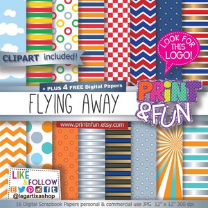 Puede incluir: Un conjunto de 16 papeles digitales para scrapbooking con varios patrones, incluyendo rayas, lunares y diseños geométricos. Los papeles son de varios colores, incluyendo azul, rojo, amarillo, verde y naranja. Los papeles son de 30,5 cm por 30,5 cm y 300 dpi. El texto "FLYING AWAY" está en el centro de la imagen. El texto "PRINT & FUN" está en la esquina superior derecha de la imagen. El texto "CLIPART included!" está en la esquina superior izquierda de la imagen.