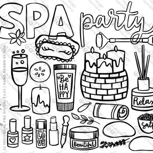 SPA PNG Designs Girls Party clipartowa maska na twarz, lakier do paznokci Wellness Relax Event, kremy, świece, kamienie, maska do spania, wino, olejki zapachowe