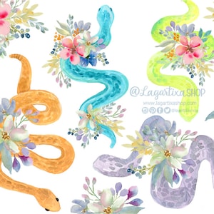 Clipart floral em aquarela de víboras, PNG, ideias para tatuagem, arte moderna pintada à mão com cobras e flores, cartões de loja de lagartos e logotipos