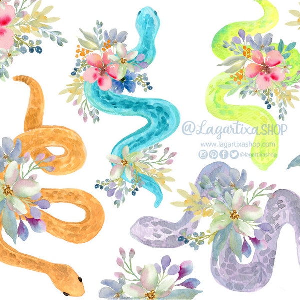 Vipers Aquarelle Clipart floral, PNG, Idées de tatouages, serpents et fleurs modernes peintes à la main Art Lizard Shop Cards Logos