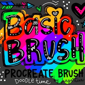 May include: A colourful graphic design with the text "Basic Brush Procreate Brush by Jagartixa Doodle Time" in black and white. The design features a rainbow of colours and a variety of doodle elements.