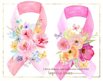 Pink Ribbons with butterflies 2 Real Watercolor Floral Peonies Clipart PNG hand painted Breast Cancer Awareness Month HOPE faith women power